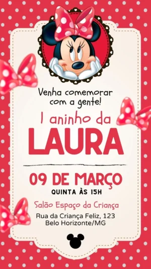 Convite personalizado e encantador da Minnie Mouse para festa infantil-download
