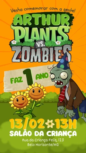 Convite divertido e personalizado Plants vs Zombies para festa infantil-download